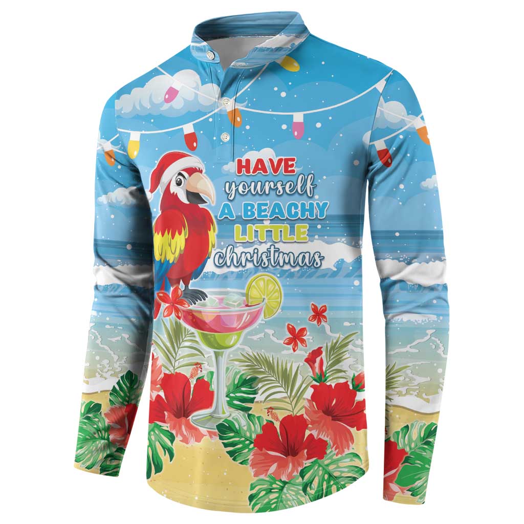 Blue button-up sweatshirt with macaw, beach Christmas, and tropical flowers