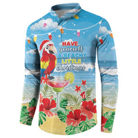 Blue button-up sweatshirt with macaw, beach Christmas, and tropical flowers
