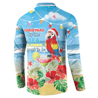 Blue button-up sweatshirt back with parrot, sea Christmas text, tropical plants