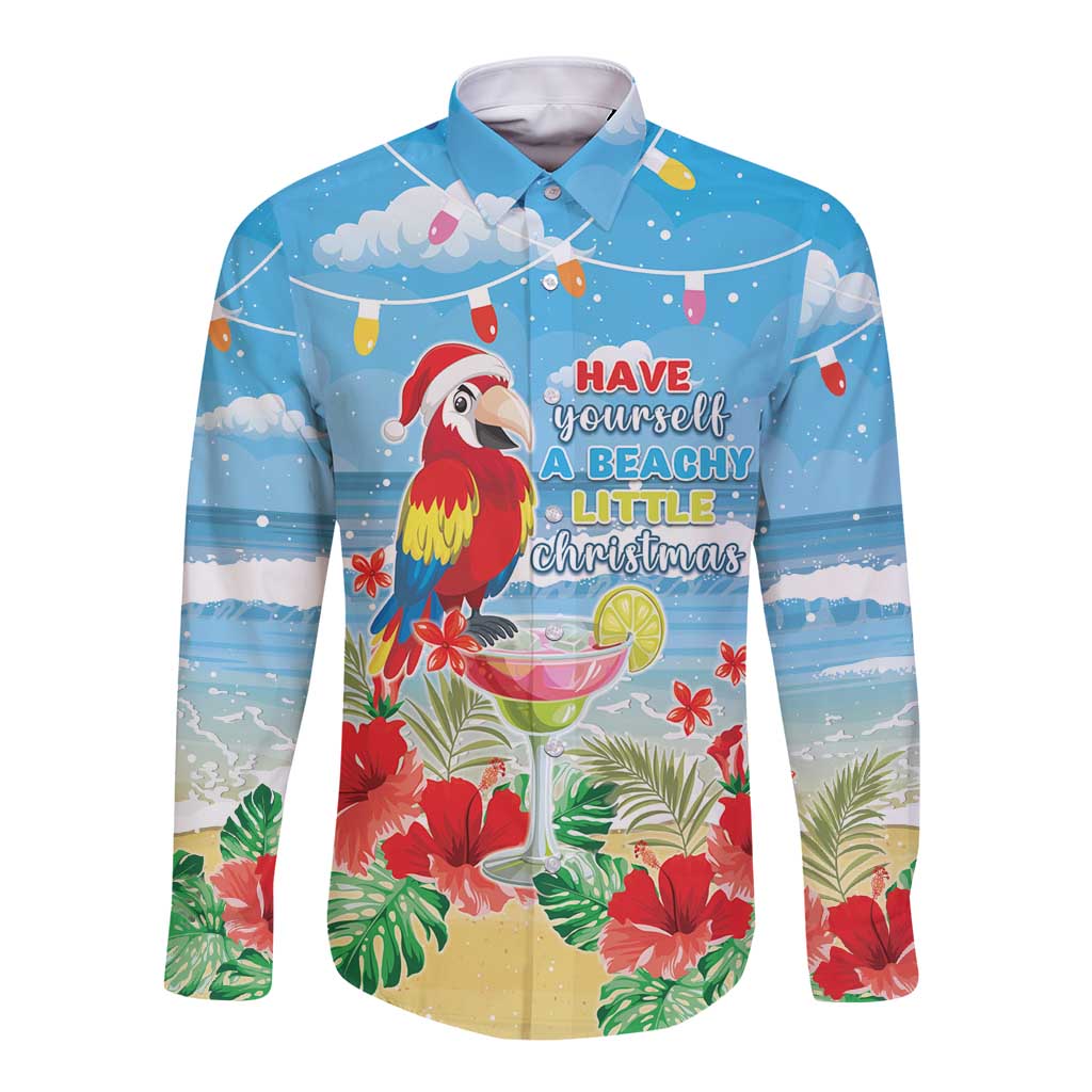 Blue tropical long-sleeve button shirt with colorful macaw and holiday lights graphic