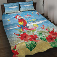 Blue tropical Christmas quilt set with macaw parrot and floral leaves, plus 2 pillows
