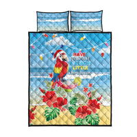 Blue quilt bed set with macaw and “Have yourself a beachy little Christmas”, plus 2 pillows