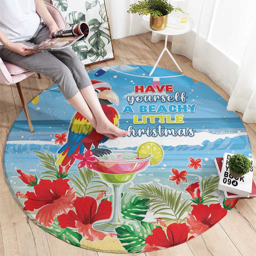 Round blue tropical Christmas rug with macaw parrot and beachy Christmas lettering