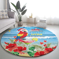 Round blue tropical Christmas rug with macaw parrot, red flowers and palm leaf pattern