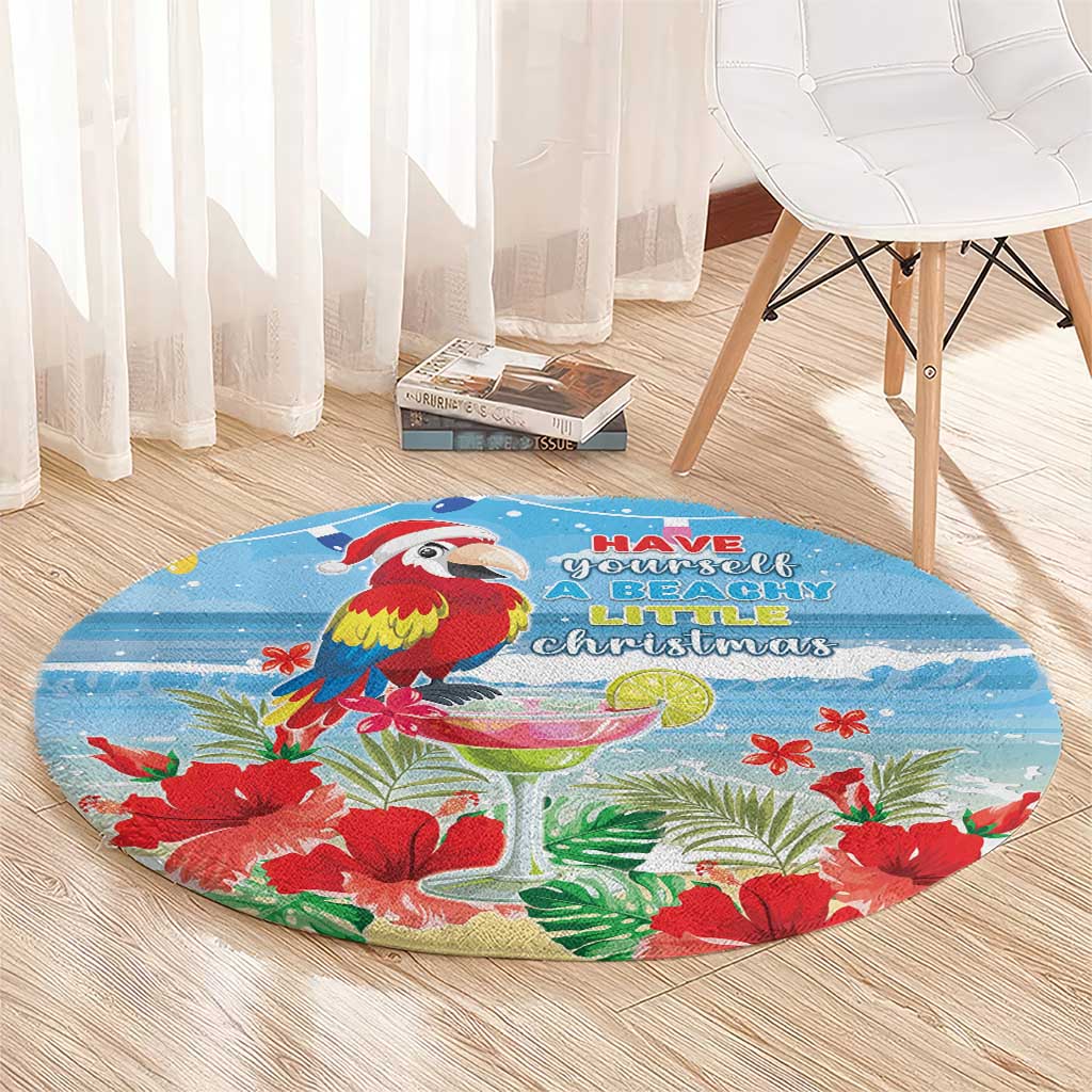 Round blue tropical Christmas rug with macaw parrot and red hibiscus flowers on border