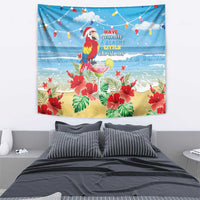 Blue tapestry with macaw parrot holding tropical flowers, beach stripes, and holiday text