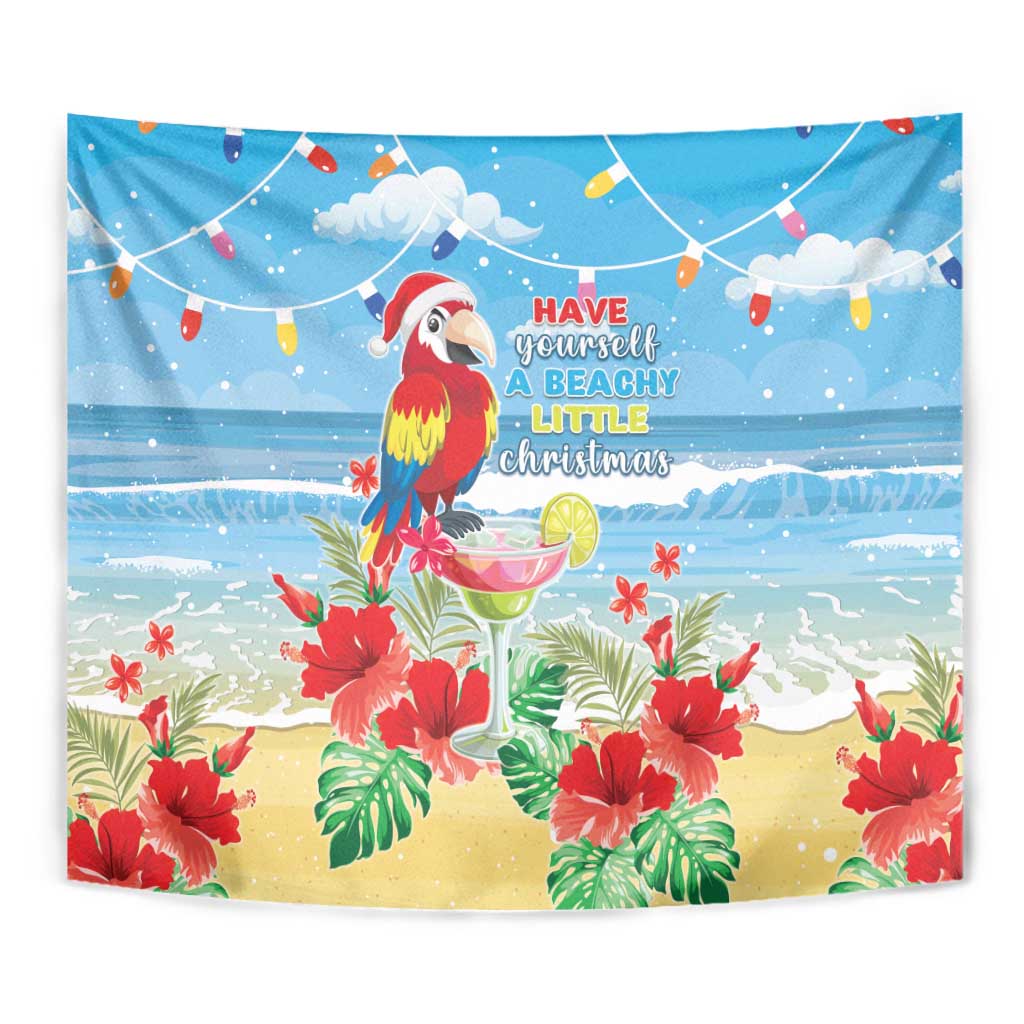 Blue macaw parrot tropical Christmas tapestry, beach waves, red hibiscus flowers, and sky garlands
