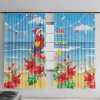 Blue tropical window curtain pair with red macaw, hibiscus flowers, and string lights