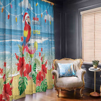 Blue tropical window curtain with red macaw parrot, hibiscus flowers, and beachy text