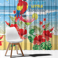 Blue tropical curtain fabric with red macaw, green leaves, red flowers, and lime slice graphic