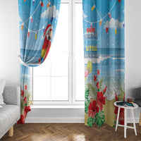 Blue macaw tropical window curtain panels with red hibiscus, green foliage, and beach quote