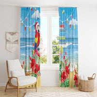 Blue tropical window curtain panels with red macaw parrot, colorful floral accents, and clouds