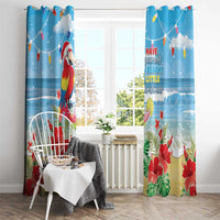 Blue tropical curtain pair with red macaw, hibiscus blooms, and 'Have yourself a beachy little Christmas'
