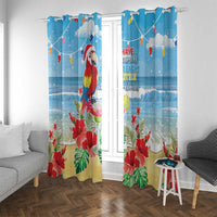 Blue tropical macaw window curtains with red hibiscus flowers, green leaves, and beachy message