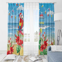 Blue tropical window curtain pair with red macaw, hibiscus flowers, clouds, and beach quote