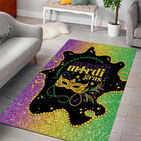 Glitter Mardi Gras area rug featuring jeweled mask in purple, green and gold bead border