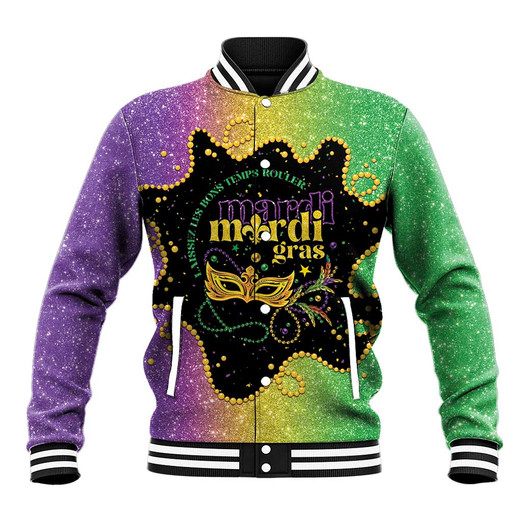 Colorful Mardi Gras baseball jacket with purple and green glitter, striped rib collar, front graphic