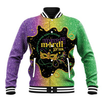 Colorful Mardi Gras baseball jacket with purple and green glitter, striped rib collar, front graphic
