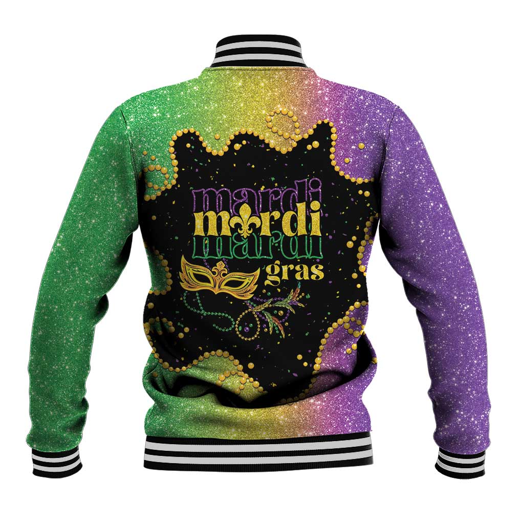 Mardi Gras baseball jacket back view in green and purple glitter with black logo and striped cuffs