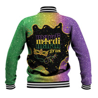 Mardi Gras baseball jacket back view in green and purple glitter with black logo and striped cuffs