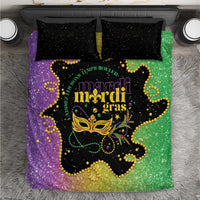 Mardi Gras theme bedding set with glitter-style purple, green, and black duvet plus 2 pillowcases