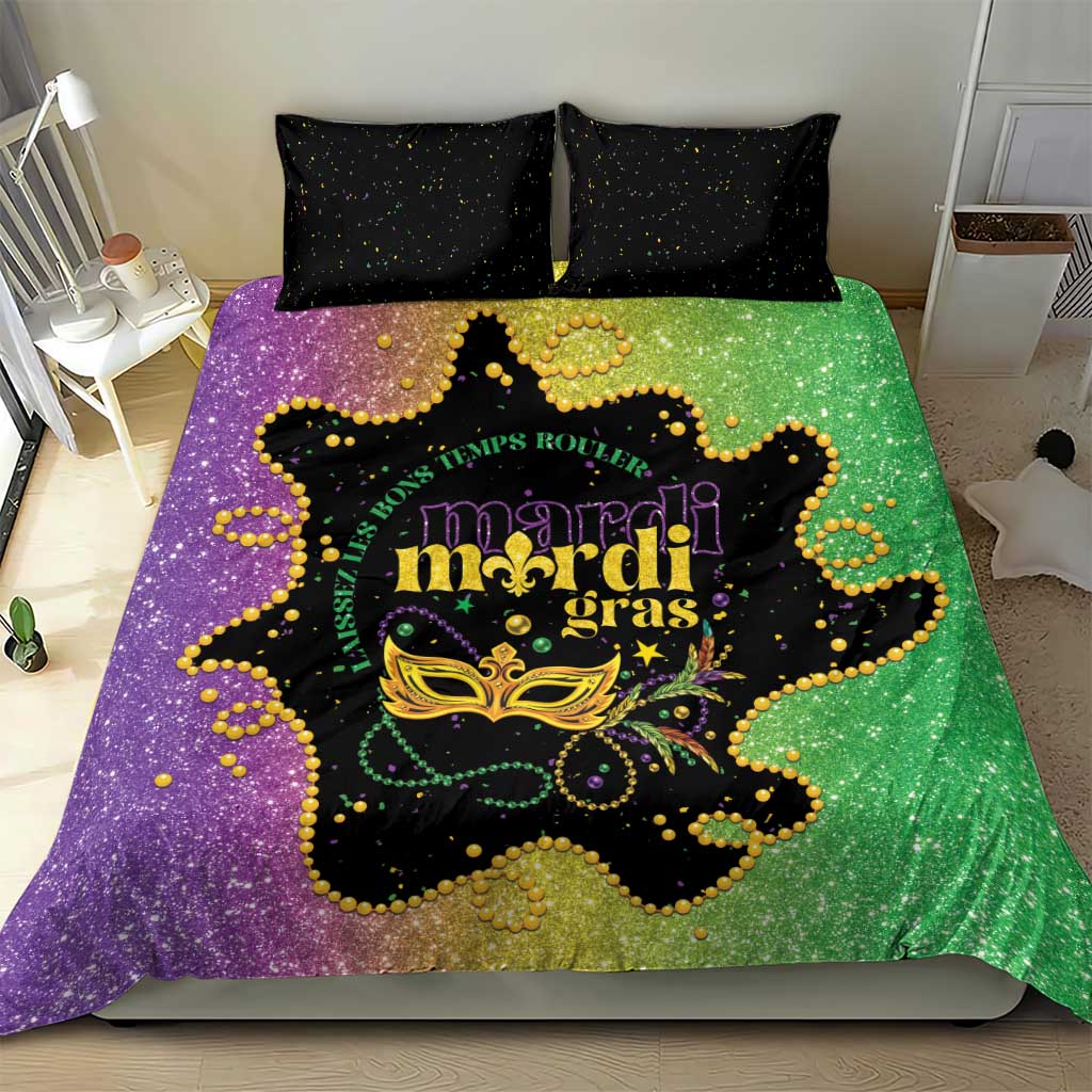 Mardi Gras bedding set with purple-to-green glitter duvet, gold accents, and two black pillowcases