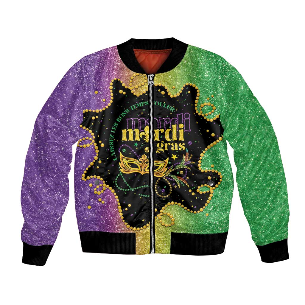 Colorful Mardi Gras bomber jacket with front Mardi Gras graphic, zip-up black trim