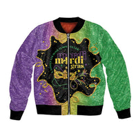 Colorful Mardi Gras bomber jacket with front Mardi Gras graphic, zip-up black trim