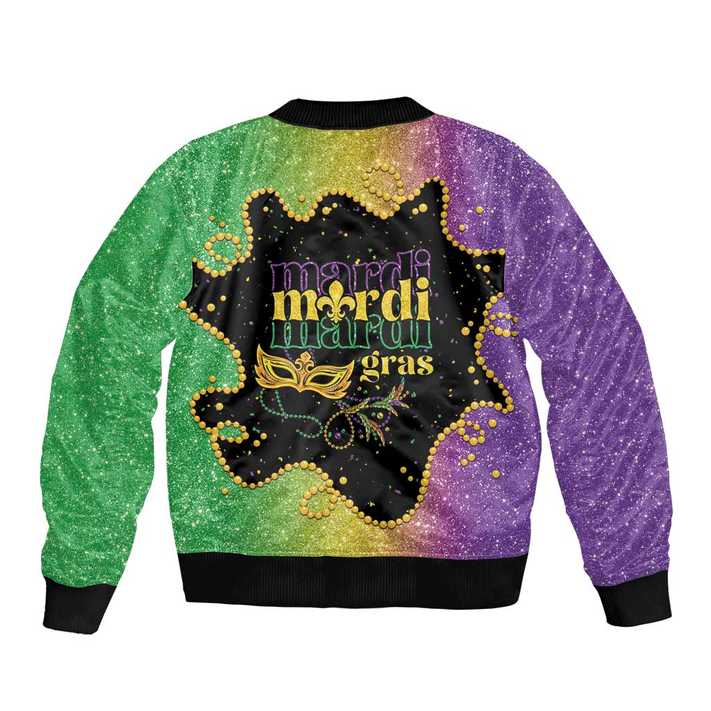 Colorful Mardi Gras bomber jacket with back Mardi Gras text and mask graphic, zip-up