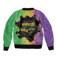 Colorful Mardi Gras bomber jacket with back Mardi Gras text and mask graphic, zip-up