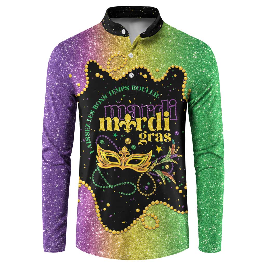 Colorful button henley sweatshirt with Mardi Gras graphic, purple-to-green gradient