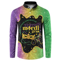 Colorful button henley sweatshirt with Mardi Gras graphic, purple-to-green gradient