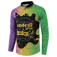 Colorful button henley sweatshirt with gold mask logo, purple and green speckled print