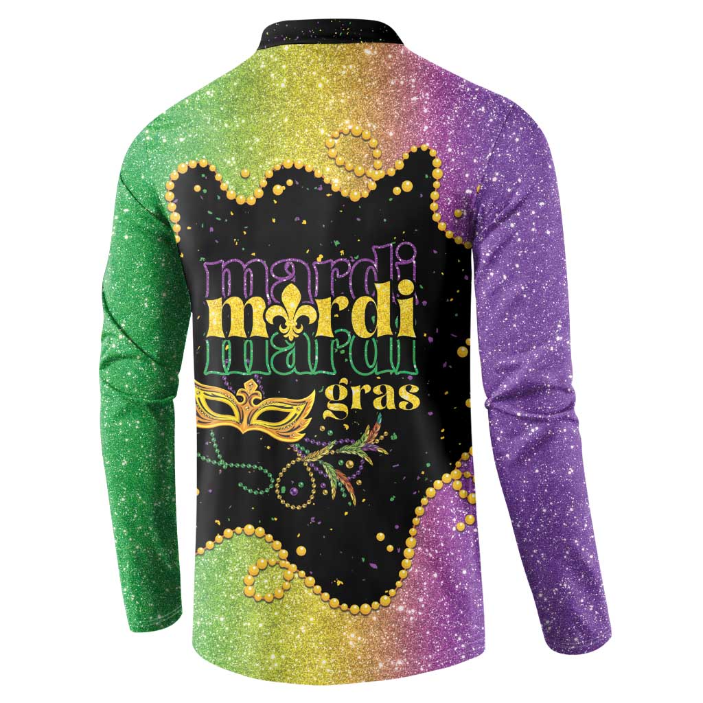 Colorful button henley sweatshirt, back print with Mardi Gras lettering and mask