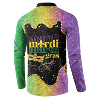 Colorful button henley sweatshirt, back print with Mardi Gras lettering and mask