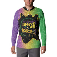 Colorful button henley sweatshirt with Mardi Gras lettering and gold face mask