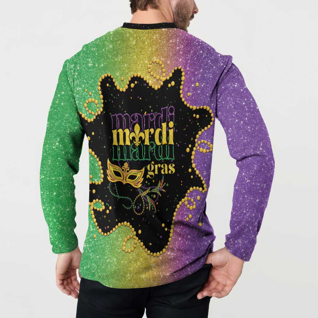 Colorful button henley sweatshirt with back Mardi Gras graphic, purple and green speckle