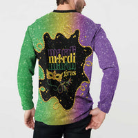 Colorful button henley sweatshirt with back Mardi Gras graphic, purple and green speckle