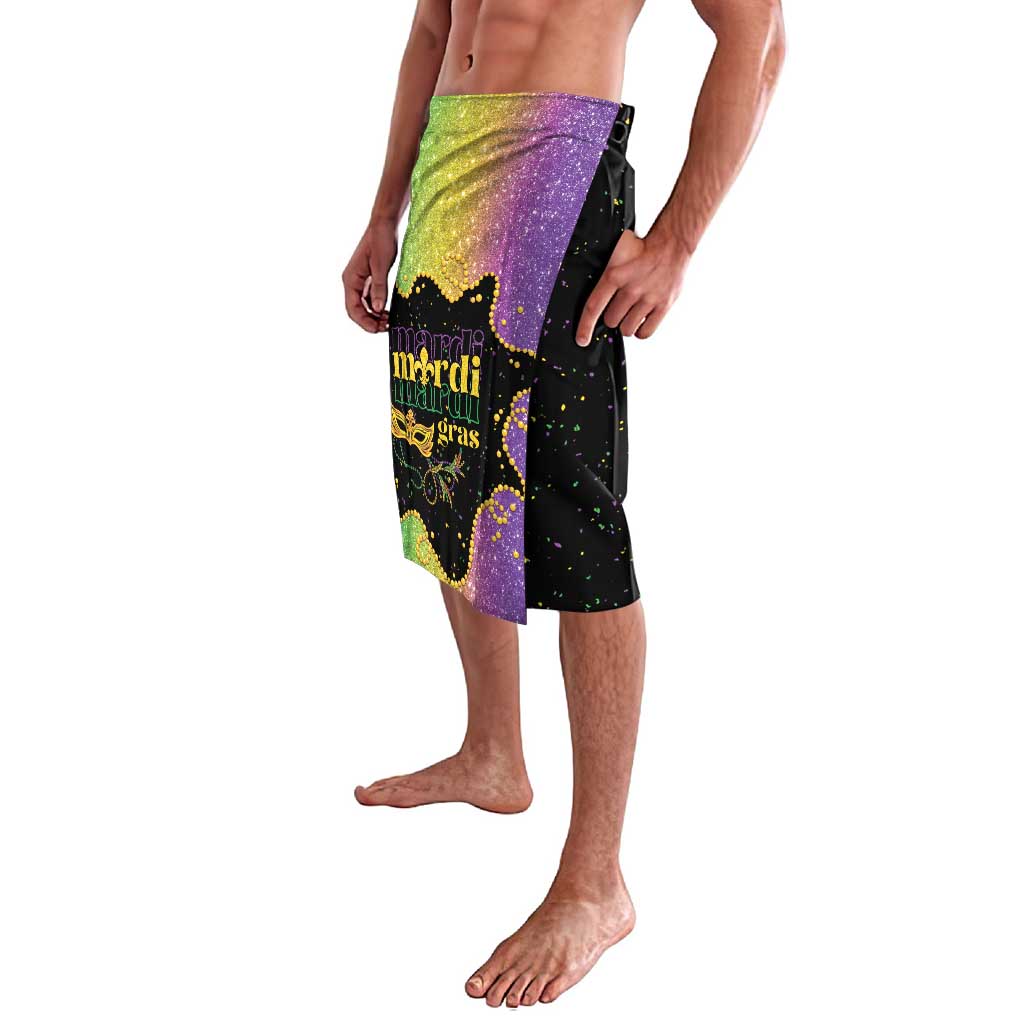 Mardi Gras wrap skirt, black base with purple-green diagonal panel and gold fleur-de-lis