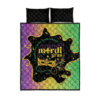 Quilt bed set with Mardi Gras mask artwork and two black quilted pillows