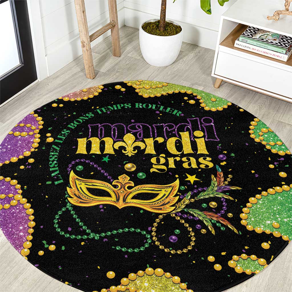 Round Mardi Gras carpet, black with gold mask, purple-green lettering, multicolor bead border