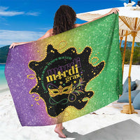 Mardi Gras glitter sarong with green and purple fleur-de-lis graphic and gold accents