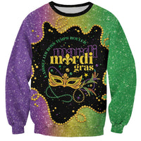 Unisex Mardi Gras sweatshirt with glitter purple/green panels and Mardi Gras mask graphic
