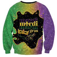 Unisex Mardi Gras sweatshirt with glitter green/purple panels and back Mardi Gras logo