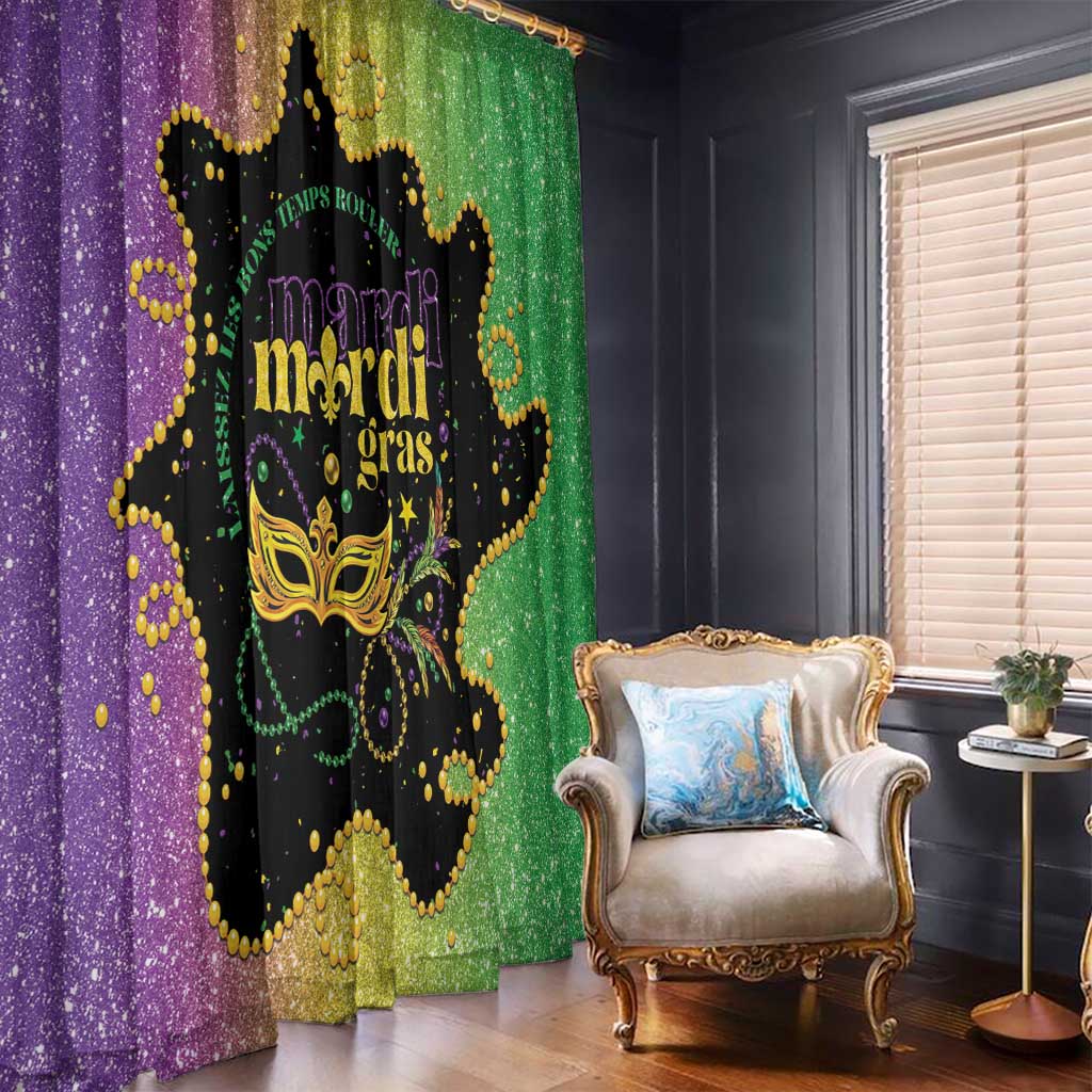 Mardi Gras window curtain panels in purple and green with black crest and gold dots