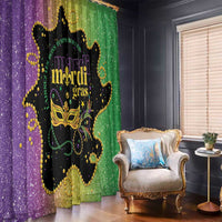 Mardi Gras window curtain panels in purple and green with black crest and gold dots