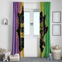 Mardi Gras window curtains, purple and green with gold speckles and black fleur-de-lis