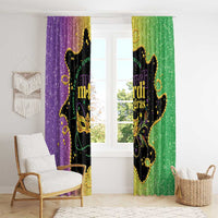 Hanging Mardi Gras window curtain set in purple and green glitter with black and gold crest
