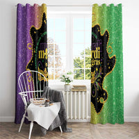 Mardi Gras window curtain panels with purple and green sparkly fabric and black fleur-de-lis