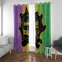Mardi Gras window curtains with purple and green shimmer texture and black "mardi gras" print